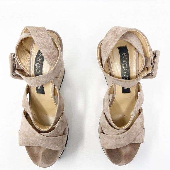 Sergio Rossi Elettra Tan Suede Studded Buckle Wedge Sandals Sz 38 (8) - Picture 4 of 9